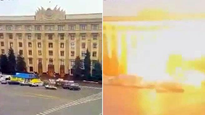 El antes y el después de un edificio gubernamental en Járkov tras el brutal impacto de un misil ruso