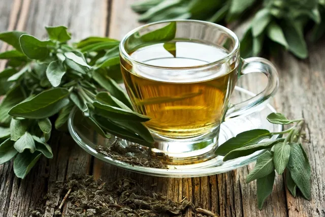 Taza de té verde humeante sobre una mesa de madera con hojas frescas al lado.