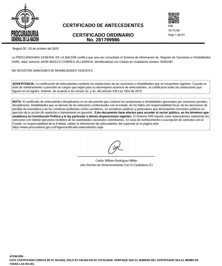 En el Registro de Sanciones e Inhabilidades de la Procuraduría General de la Nación, no le aparecen saciones ni inhabilidades a Jhon Adolfo Correa Villareal.